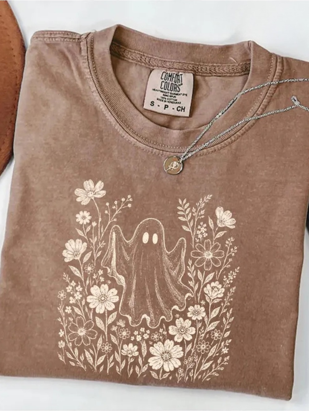 Comfort Colors Espresso Short Sleeve Tee with Cream Floral Ghost Design